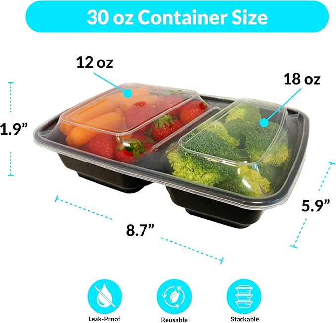 Reli. Meal Prep Containers, 30 oz. (50 Pack) - Black 2 Compartment Food Container with Lid, Microwavable Food Storage | Black Reusable Bento Box/Lunch Box for Meal Prep (30 oz)