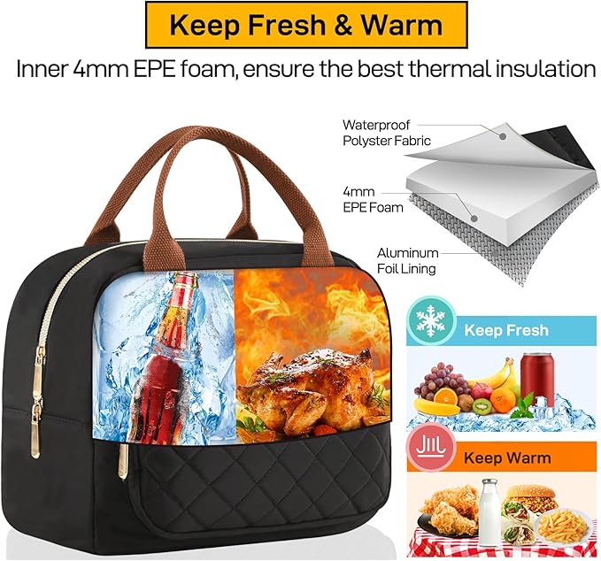 HOMESPON Lunch Bag for Woman Man Adults with Front Pocket Insulated Lunch Tote Lunch Box Container for Work Picnic or Travel(Black Golden)