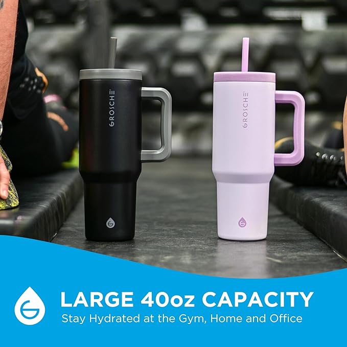 GROSCHE ASPEN 40 oz tumbler with handle and straw. Extreme insulation, classy design, built to last insulated stainless steel tumbler with handle, lid and straw - LAVENDER