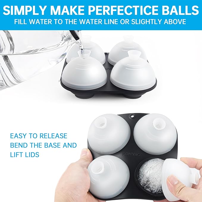 HONYAO Silicone Whiskey Ice Ball Mold - 2.4 Inch Large Ice Cube Trays Molds Silicone with Lids - Ice Sphere Maker for Cocktails, Bourbon, Rum - 4 Iceballs