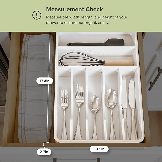 KitchenEdge Silverware Organizer - Cutlery, Flatware, and Utensil Holder for Kitchen Drawers, Fixed 10.5” Width, 7 Storage Compartments, Non-Slip Feet, Rounded Corners, 100% Bamboo, White Finish