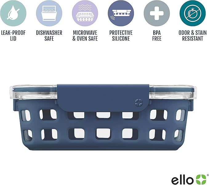 Ello Duraglass Meal Prep Container, 5 cup- Glass Food Storage Container with Silicone Sleeve and Airtight BPA-Free Plastic Lid, Dishwasher, Microwave, and Freezer Safe, Midnight