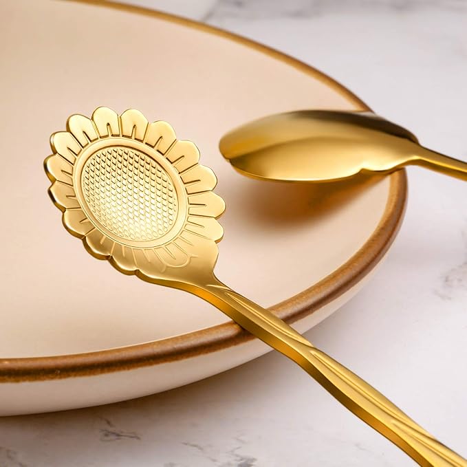 Chengu 8 Pieces Flower Coffee Tea Spoons Stainless Steel Sugar Spoons Tea Party Flower Fancy Tableware Set Stir Bar Creative Stirring Teaspoon, 8 Different Patterns(Gold)