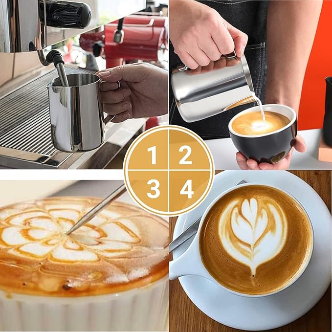 Milk Frothing Pitcher, 350ml/600ml (12oz/20oz) Milk Frother Cup Stainless Steel Jug Steaming Pitcher, Milk Coffee Cappuccino Latte Art Barista Steam Pitchers Milk Jug Cup with 2Pcs Decorating Pen
