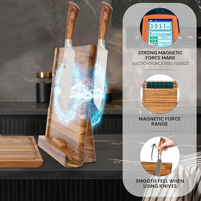 2 - in - 1 Magnetic Knife Block Holder with 16"x11" Cutting Board, Crafted from Premium Natural Teak Wood, Exquisitely Made with Elegant Design, Ideal for Efficient Kitchen Knife Storage