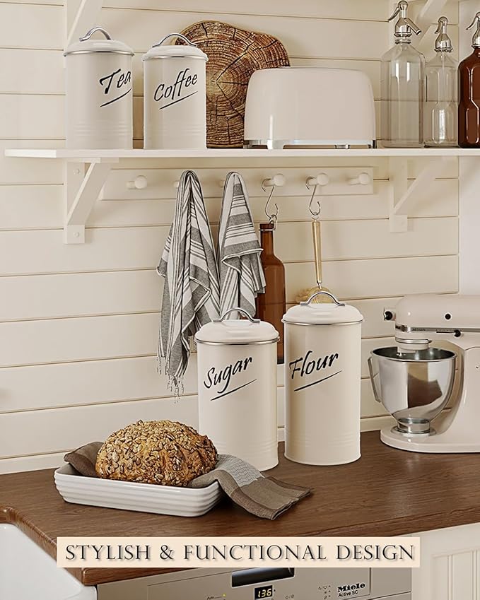 Hillbond Canister Sets Ivory Food Storage Canisters Containers: Carbon Steel with Powder Coated Decorative Storage Jars Set of 4 (Ivory)