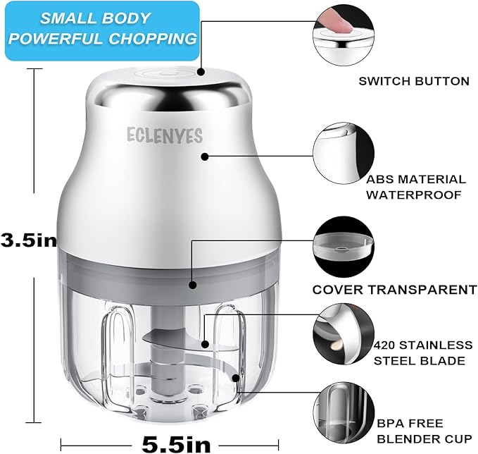 Garlic Chopper, Mini Food Processor, USB Rechargeable Mini Chopper, Powerful Garlic Crusher, Blender to Vegetable, Wireless Vegetable Chopper for Ginger, Chili, Fruit, Meat, etc（250ML）