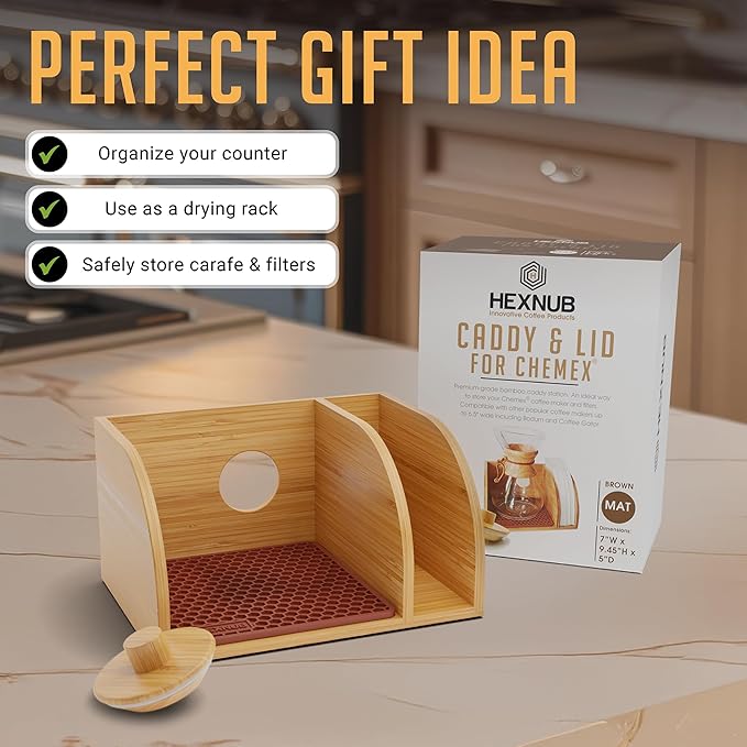 HEXNUB Caddy and Lid for Pour Over Coffee Maker, Bamboo Stand fits Chemex, Bodum, Cosori Carafes, Heatproof Mat, Filter Holder for Drip Coffee Maker - Brown Mat