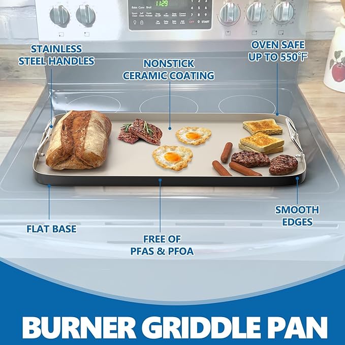 SafBbcue 20" x 13" Double Burner Griddle Pan, Non-Stick Ceramic Coated, for Outdoor Gas Pellet Grill, Stove Top Charcoal Grills, for Weber Charbroil Camp Chef Grill, Black