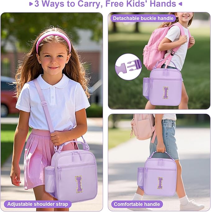 Initial Insulated Lunch Bag for Girls Kids, Back to School Gift, Reusable Leak-proof Lunch Box with Adjustable Strap for School Daycare Travel Picnic (Purple,I)