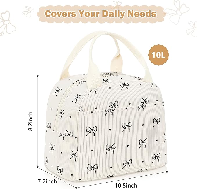 EurCross Cute Bow Tie Lunch Bag for Girls, Ivory Corduroy Insulated Lunch Bag for Two-Meal Space Perfect for School Days, Commuting, fits Bento Boxes, Round Containers, Designer Lunchboxes