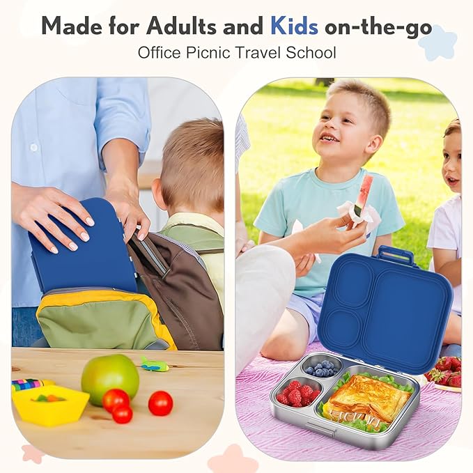 Stainless Steel Bento Box Kids, Leak Proof Metal Bento Lunch Box,3 Compartments 304 Stainless Steel Bento Lunch Containers for School and Office, BPA-Free(Blue)