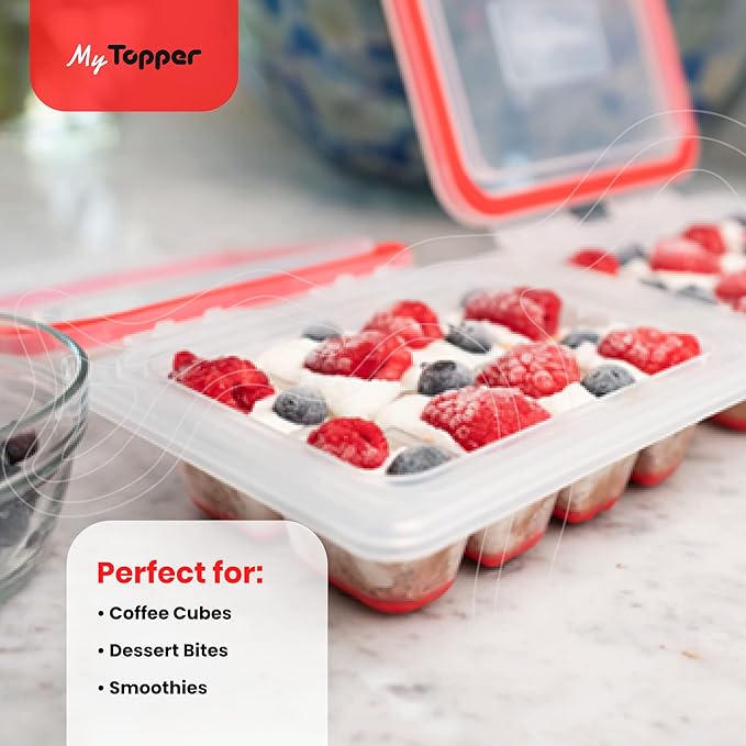 IceTopper Plus Ice Cube Tray with 2 Attached Lids - Easy Release Ice Cube Molds, 16 Cubes per Tray, Stackable & Dishwasher Safe, 100% Food Grade Materials, BPA Free & Recyclable