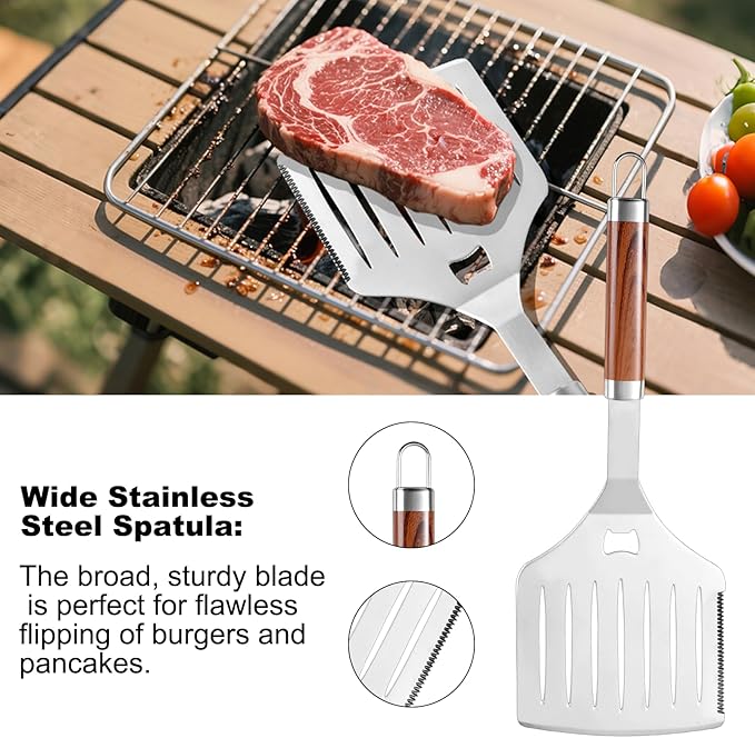 Grilling Accessories Set Large Spatula Fork Cleaning Brush Food Tongs Durable Stainless Steel BBQ Grill Tools with Extra Thick Storage Case BBQ Accessories Grill Set