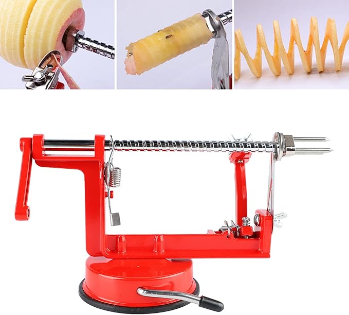 Apple Peeler Set, Stainless Steel Apple Peeler Slicer Corer, 3 in 1 Peel the Fruit, Slice it and Small Pieces with Suction Cup Base (Red)