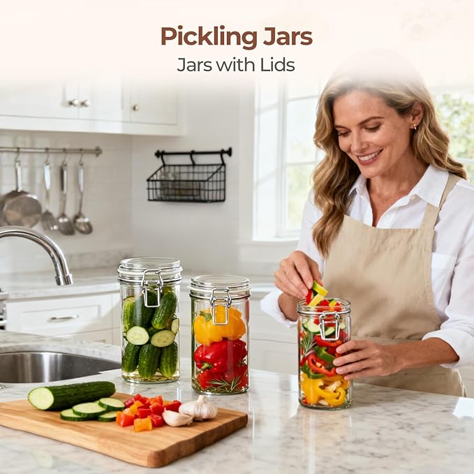 ComSaf Glass Jars with Airtight Lid Set of 3, Mason Jars 32 oz, Pickling Jar, Canning Jar 32oz, 32 oz Glass Containers with Lids for Kitchen, Pickle, Flour, Cereal, Pasta, Sugar, Herb