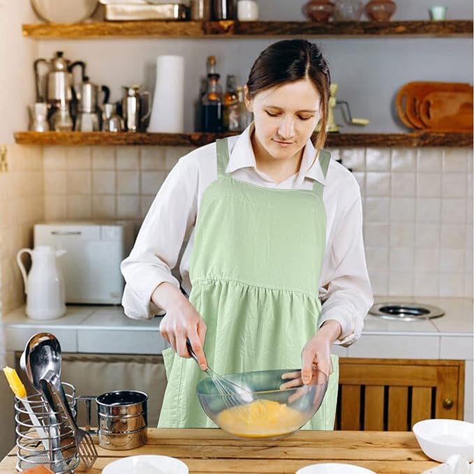 Uaussi Cotton Linen Apron Cross Back Work Apron for Women with Pockets Pinafore Dress X Cross Halter Apron for Chef Gardening