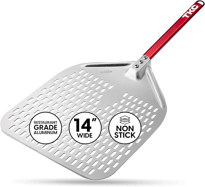 TKC 14” Perforated Pizza Peel – 31 Inch Long Handle Perforated Aluminium Pizza Paddle – Lightweight Pizza Turning Peel – Commercial Grade Pizza Spatula - Outdoor Pizza Oven Accessories - (Silver/Red)