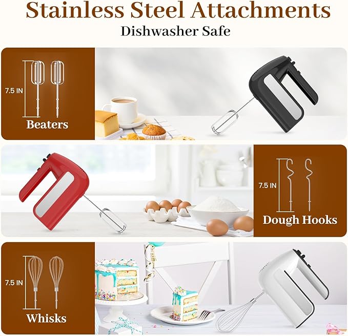 5-Speed Electric Hand Mixer, 800W Handheld Mixer with Turbo for Baking & Cooking, Kitchen Food Mixer with Storage Case & 6 Stainless Steel Attachments (2 Beaters, 2 Dough Hooks, 2 Whisks)-Red