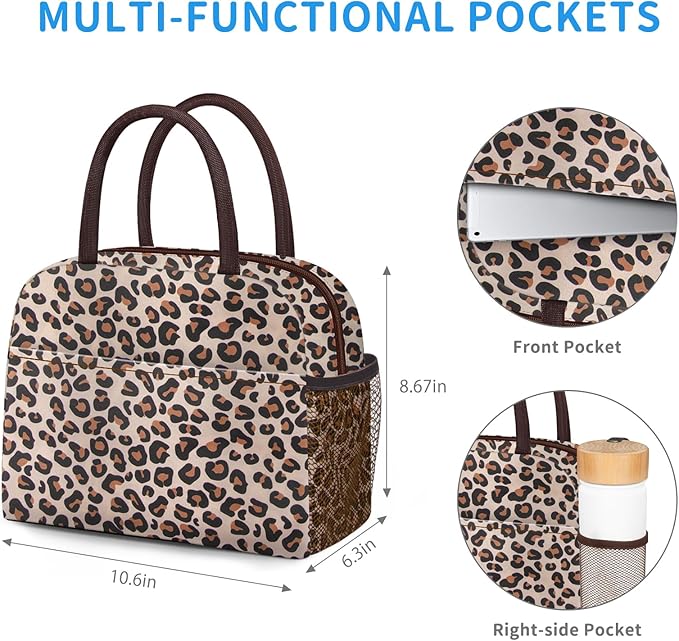 DALINDA Lunch Bag Women,Lunch Box Adult for Women Men Reusable Insulated Lunch Tote Bag,Leakproof Food Handbags Case High Capacity for Travel Work Picnic Beach,Leopard