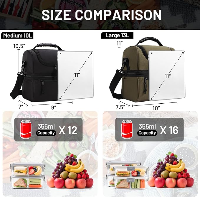 MIER Adult Lunch Box Insulated Lunch Bag Large Cooler Tote Bag for Men Women to Work Travel Daytrip, Double Deck Cooler (Army Green, Large)