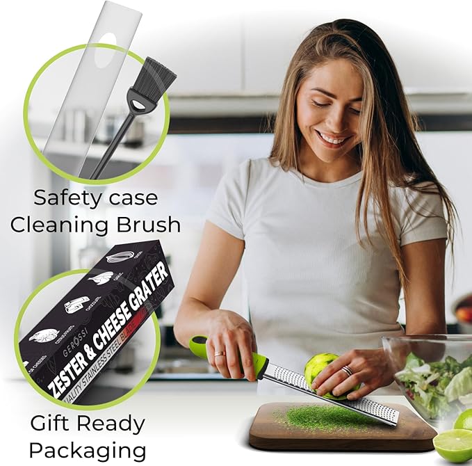 Stainless Steel Cheese Grater & Lemon Zester w/Extra Sharp Blade - Perfect for Lemon, Parmesan, Garlic, Chocolate - Spice Up any Dish in Seconds w/Your Premium Citrus Hand Grater with Handle - Green