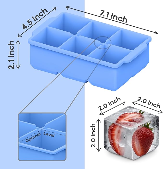 KitchFort Large Silicone Ice Cube Tray (3-Pack), Easy Release 2" Big Ice Cubes - Cocktail, Whiskey Ice Cubes Mold - Ice Trays for Freezer with Lid - Stackable Silicone Ice Tray - Blue