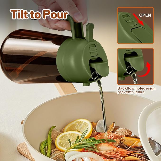 YARRAMATE 2Pcs 16oz/470ml Dark Brown Oil Sprayer for Cooking with Stickers, Food-grade Premium 2 in 1 Olive Oil Dispenser Bottle for Kitchen Gadgets, Air Fryer, Salad, Frying, BBQ (Black&OliveGreen)