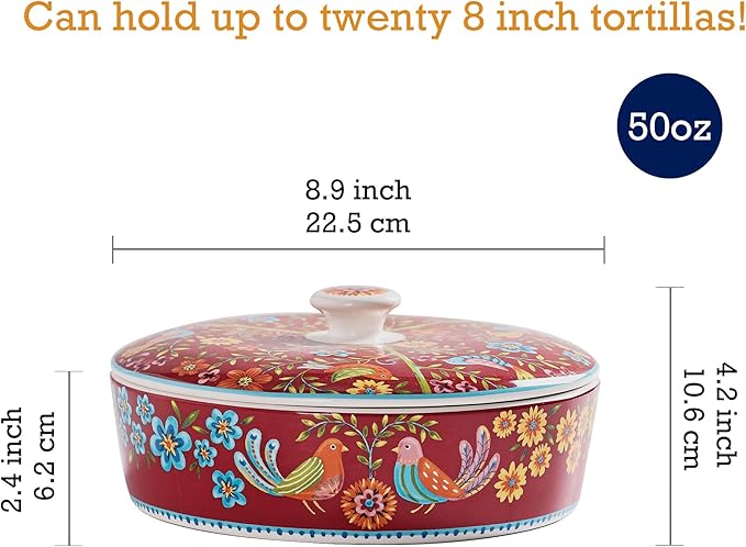 Bico Red Spring Bird Ceramic Tortilla Warmer, 8.9 Inch Tortilla Holder with Lid for Taco Bread Pancake for Mexican Night and Party, Microwave and Dishwasher Safe