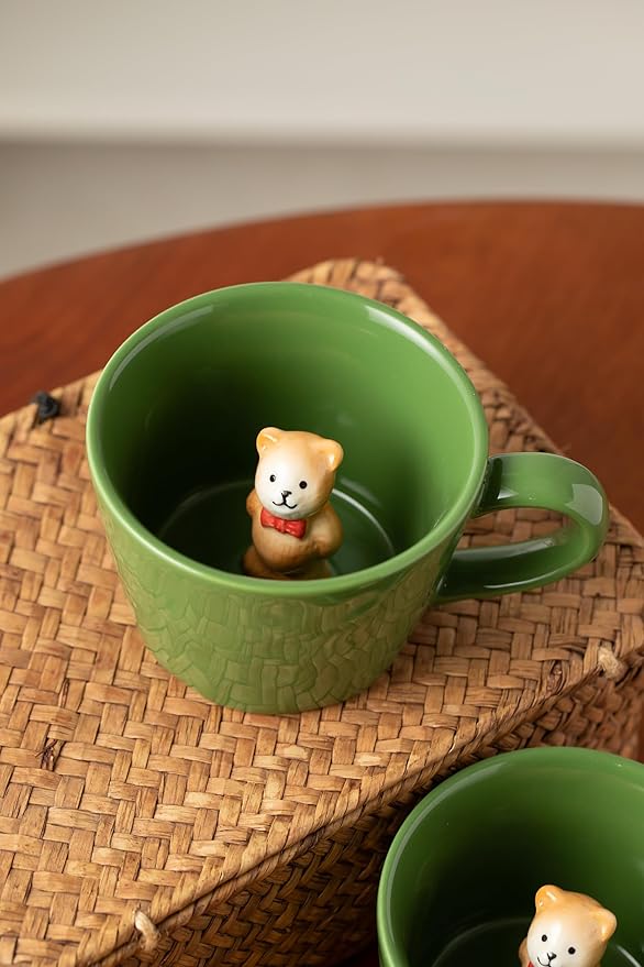 DIHOclub Bow Tie Bear Coffee Cup Hidden Ceramic Animal Inside Mug,Cute Cartoon Handmade Figurine Mugs,Holiday and Birthday Gift for Coffee Milk Tea Lovers,12 Oz(Green)