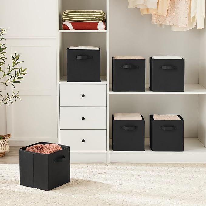 MAX Houser Fabric Cloth Storage Bins,Foldable Storage Cubes Organizer Baskets with Dual Handles for Home Bedroom Storage,Set of 6(Black)