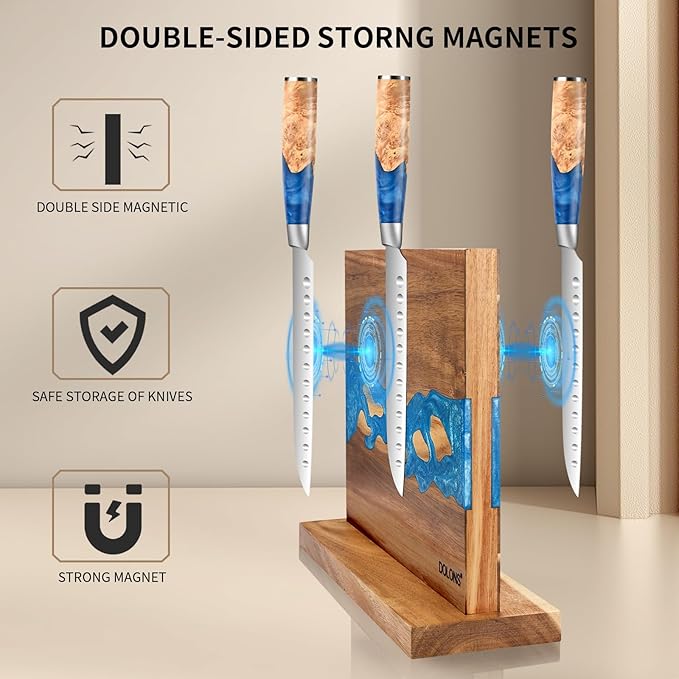 Magnetic Knife Block, Thickened Acacia Wood Resin Kitchen Knife Holder Stand with Strong Magnets, Multifunctional Double Side Knife Storage Organizer for Kitchen Counter