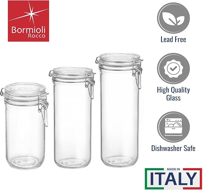 Bormioli Rocco Fido Cylinder Airtight Glass Canister (25.25 oz, 33.75 oz, 46 oz), BPA-Free Ingredient Storage Jar - Ideal for Fermentation, Pantry Organization Essentials, Canning - Dishwasher Safe