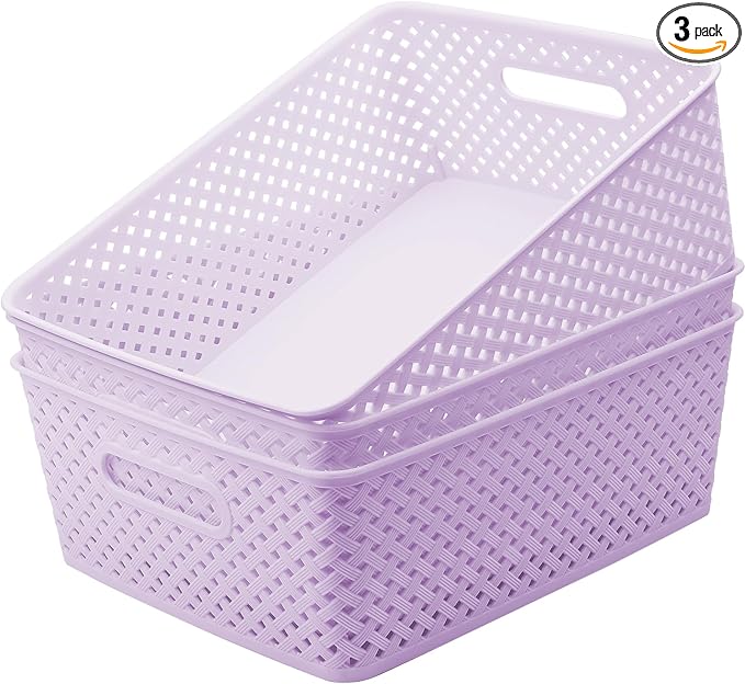 MaxGear Organization and Storage 3 Packs, Plastic Bins Organizer Bin, Woven Baskets for Storage, Plastic Baskets with Handles, Purple Basket for Organizing, Basket Organizer for Home and Office, Large