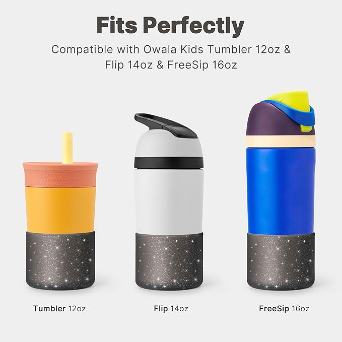 Silicone Water Bottle Boot for Owala 14/16oz, Anti-Slip Protective Sleeve Bottom Bumper Protector for Owala Kids 12 oz Tumbler, Flip 14 oz and FreeSip 16 oz Water Bottle (Glitter Black)