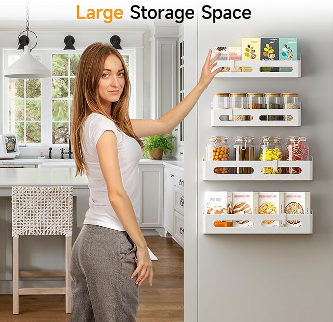 6 Pack Magnetic Spice Rack for Refrigerator, Spice Rack Organizer, Moveable Magnetic Shelf Fridge Organizer with 4 Hooks for Kitchen and Oven Organization, White