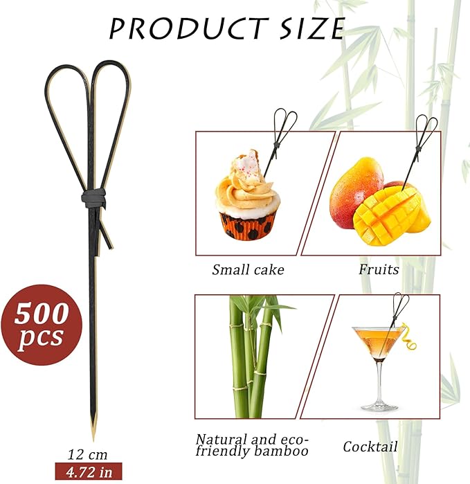 500 Pieces Black Heart Shaped Bamboo Sticks Long Toothpicks for Appetizers Cocktail Picks for Drinks 4.7 Inch Bamboo Skewers for Appetizers Charcuterie Boards Accessories
