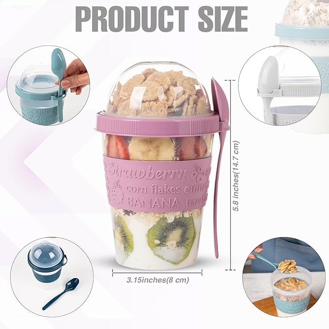 4 Pack Breakfast On The Go Yogurt Parfait Cups, Reusable Plastic Containers with Lids and Spoons, Perfect Jars for Overnight Oats Cereal Granola Oatmeal Smoothies and Snack Prep