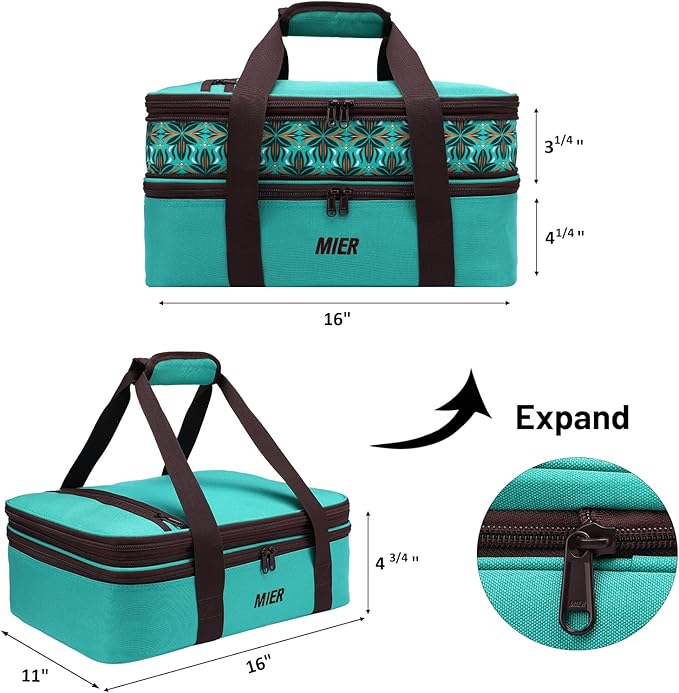 MIER Insulated Double Casserole Carrier Bag Thermal Lunch Tote for Lasagna Lugger, Potluck Parties, Picnic, Beach, Fits 9 x 13 Inches Baking Dish, Casserole Dish, Expandable by Mid Zipper, Teal