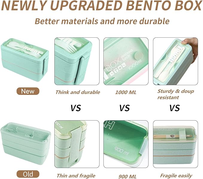 Bento Box Upgrade Japanese Lunch Box Kit,3 Layer Stackable Leakproof Lunch Box Containers with Accessories,Wheat Straw Bento Lunch Box for Kids and Adults