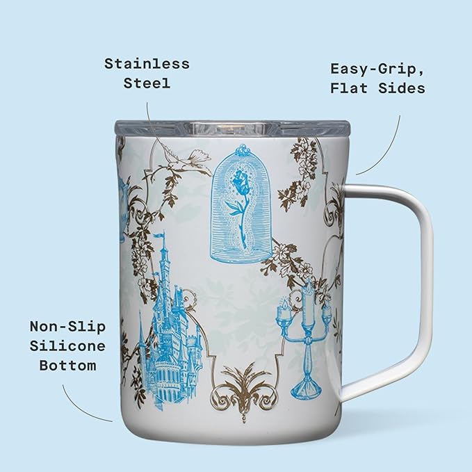 Corkcicle Classic Coffee Mug - Triple Insulated Stainless Steel for Travel - Shatter-Proof Lid - Keeps Drink Hot Over 3 Hours - Holiday Mug Gift - Great for Gifting Warmth - 16 oz - Princess Belle
