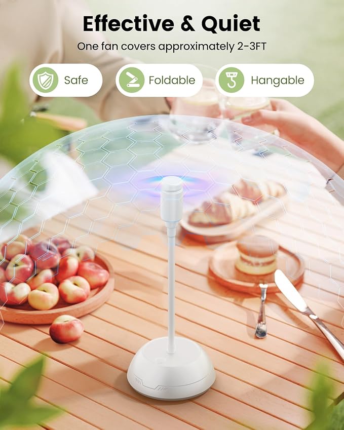 4Pack Food Fan for Table, AA Battery Powered, Portable Fan with Flexible Gooseneck and Soft Blades, Soundless Table Fan for BBQ, Picnic, Party, Patio (Non-rechargeable,White)