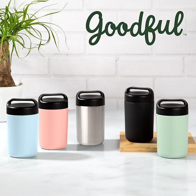 Goodful Stainless Steel Food Jar, Double Wall Vacuum Sealed Insulated Food Storage Container with Carry Handle Lid, 16-Ounce, Gray