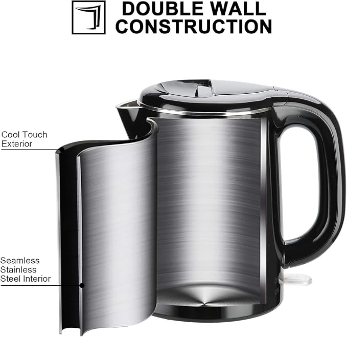 Secura Stainless Steel Double Wall Electric Kettle Water Heater for Tea Coffee w/Auto Shut-Off and Boil-Dry Protection, 1.0L (Black) SWK-1001DB/HB-K012