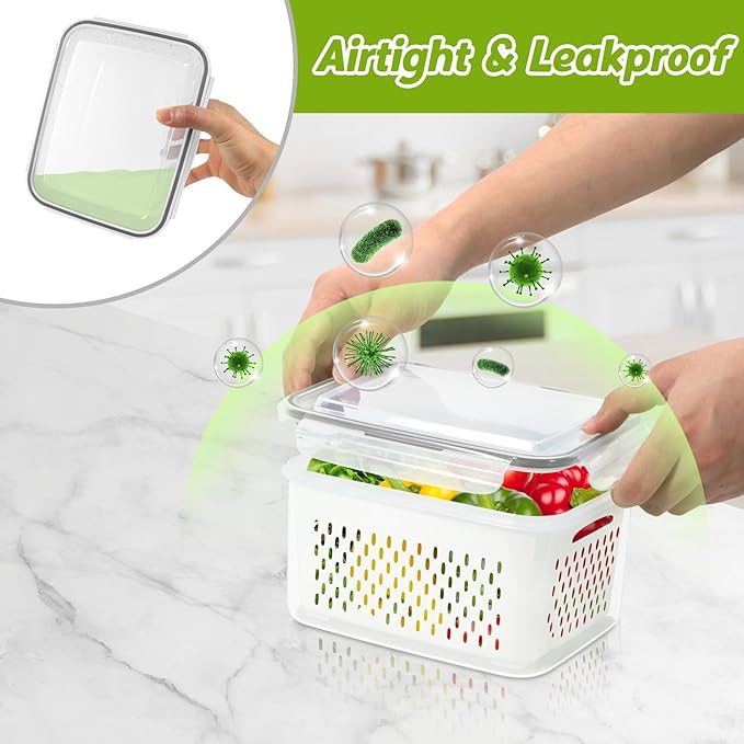 4 Pack Fruit Storage Container for Fridge, Plastic Fruit Containers for Fridge with Removable Colander, Container for Fruit Berry Salad Lettuce, BPA Free Kitchen Refrigerator Organizers