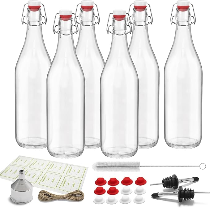 6 Pack [0.48 Liter / 16 fl. oz.] Swing Top Glass Bottles – Airtight Flip Top Brewing Bottles for Kombucha, Beer, Wine, Kefir, Soda, Liquor – Includes Funnel, 2 Pourers, 6 Seals, 8 Labels & Jute Twine