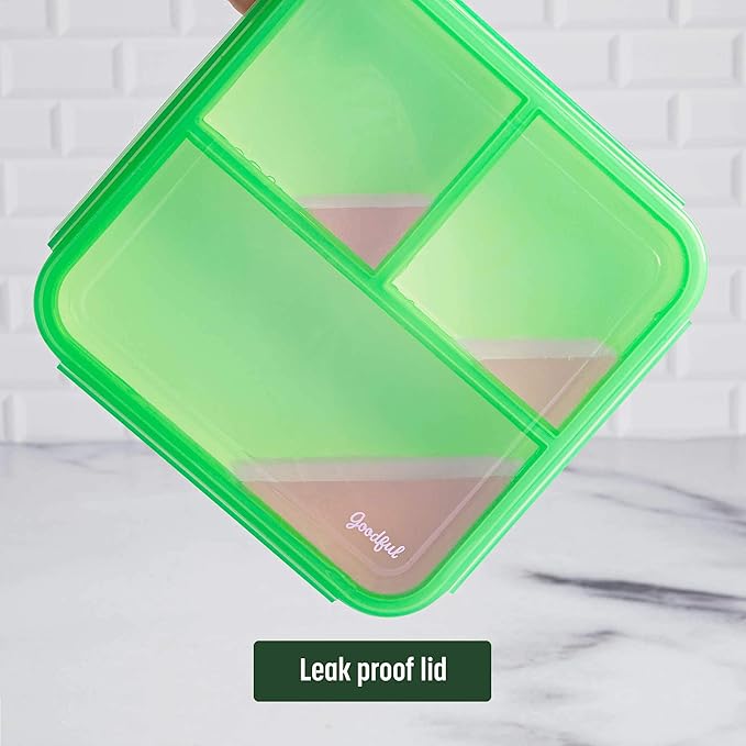 Goodful Reusable Lunch Container with 3 Compartments, BPA-Free, Leak-Proof Lid, Easy to Open and Close, Microwave Safe, Dishwasher Safe