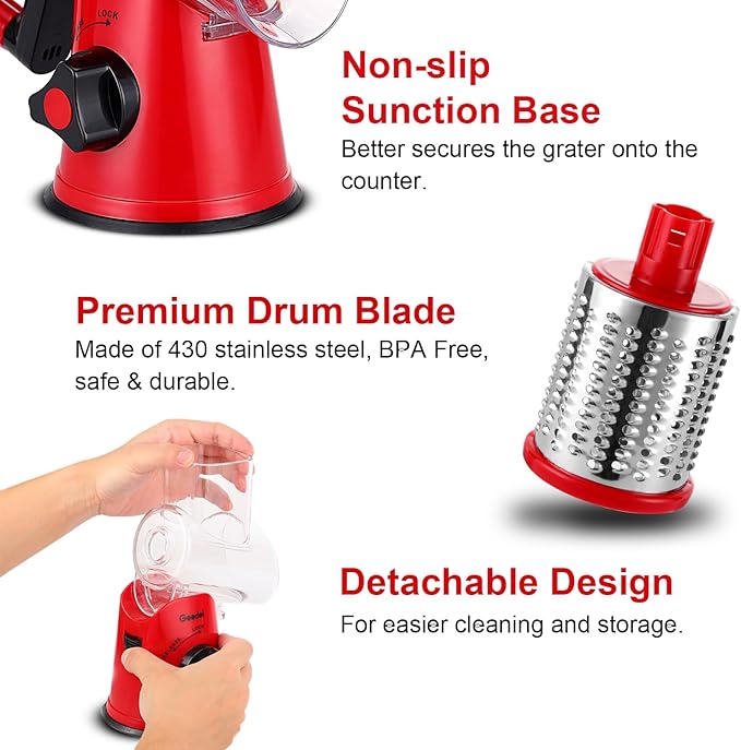 Geedel Rotary Cheese Grater, Kitchen Mandoline Vegetable Slicer with 3 Interchangeable Blades, Easy to Clean Grater for Fruit, Vegetables, Nuts