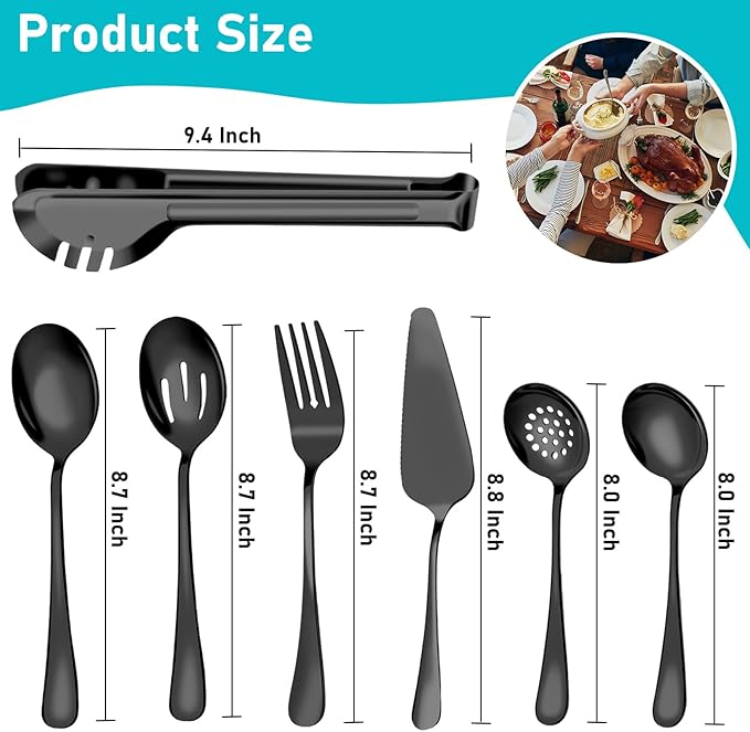 Serving Utensils, 15 Pcs Stainless Steel Large Flatware Serving Tools Kit, Included Spoons, Forks, Tongs, Slotted Spoon, Ladle, Cake Server for Kitchen Catering Banquet Wedding Buffet Party, Black