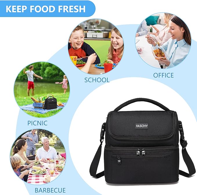 Vaschy Lunch Bag for Men and Women - 8L Capacity, Water Resistant, with Shoulder Strap and Carry Handle, Black